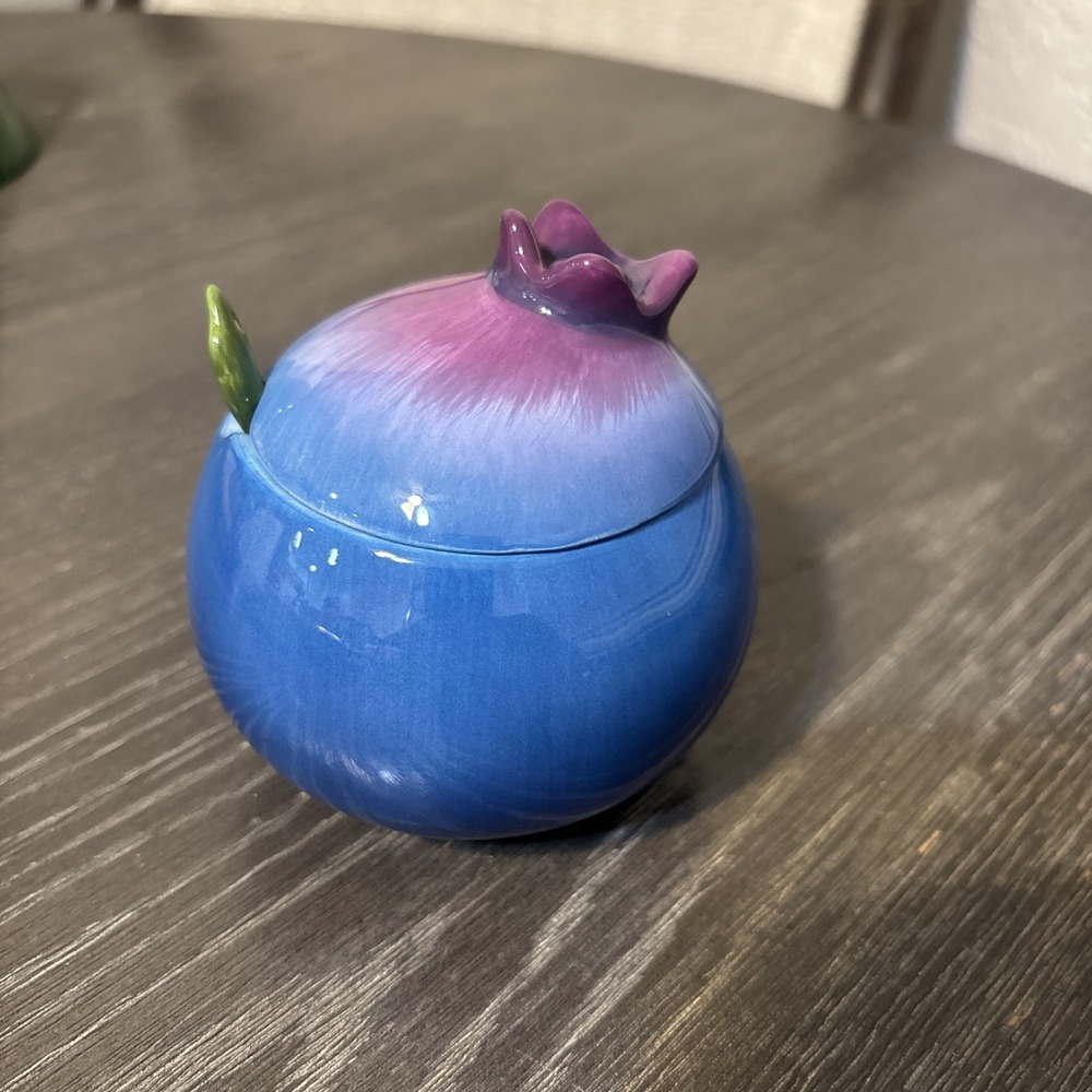 Harry & David Blue Berry jar with spoon and lid Sugar Bowl